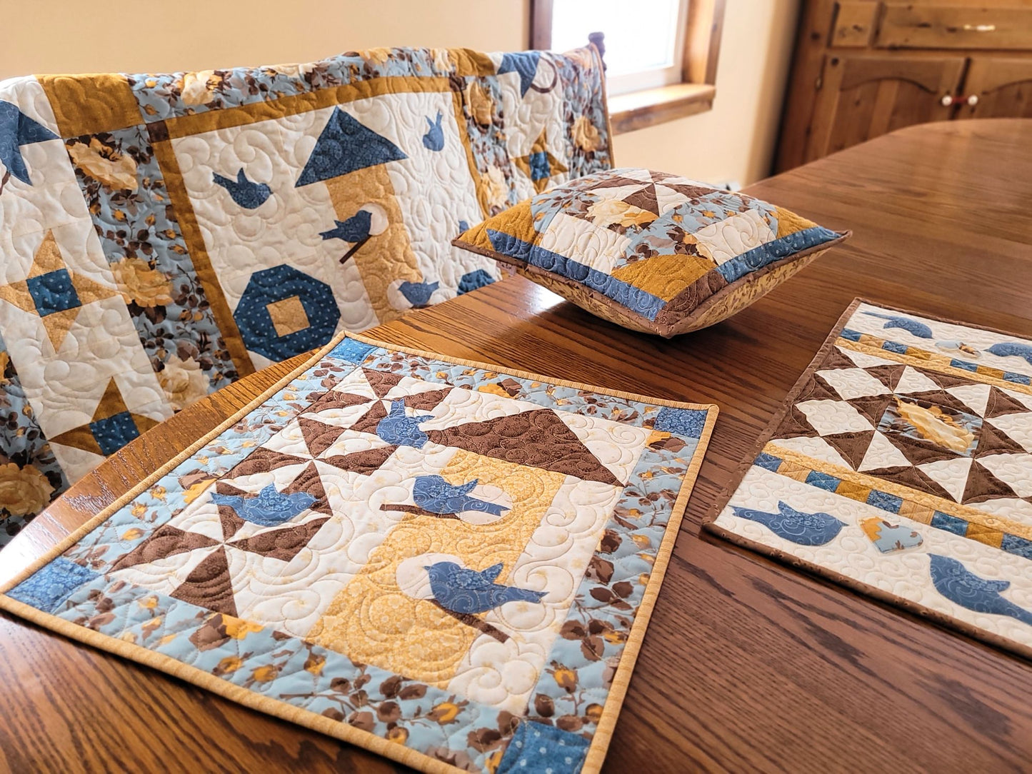 Thoughts of Spring Collection by Momma Bears Quilts, includes a throw quilt and pillow, small table runner and a wallhanging.