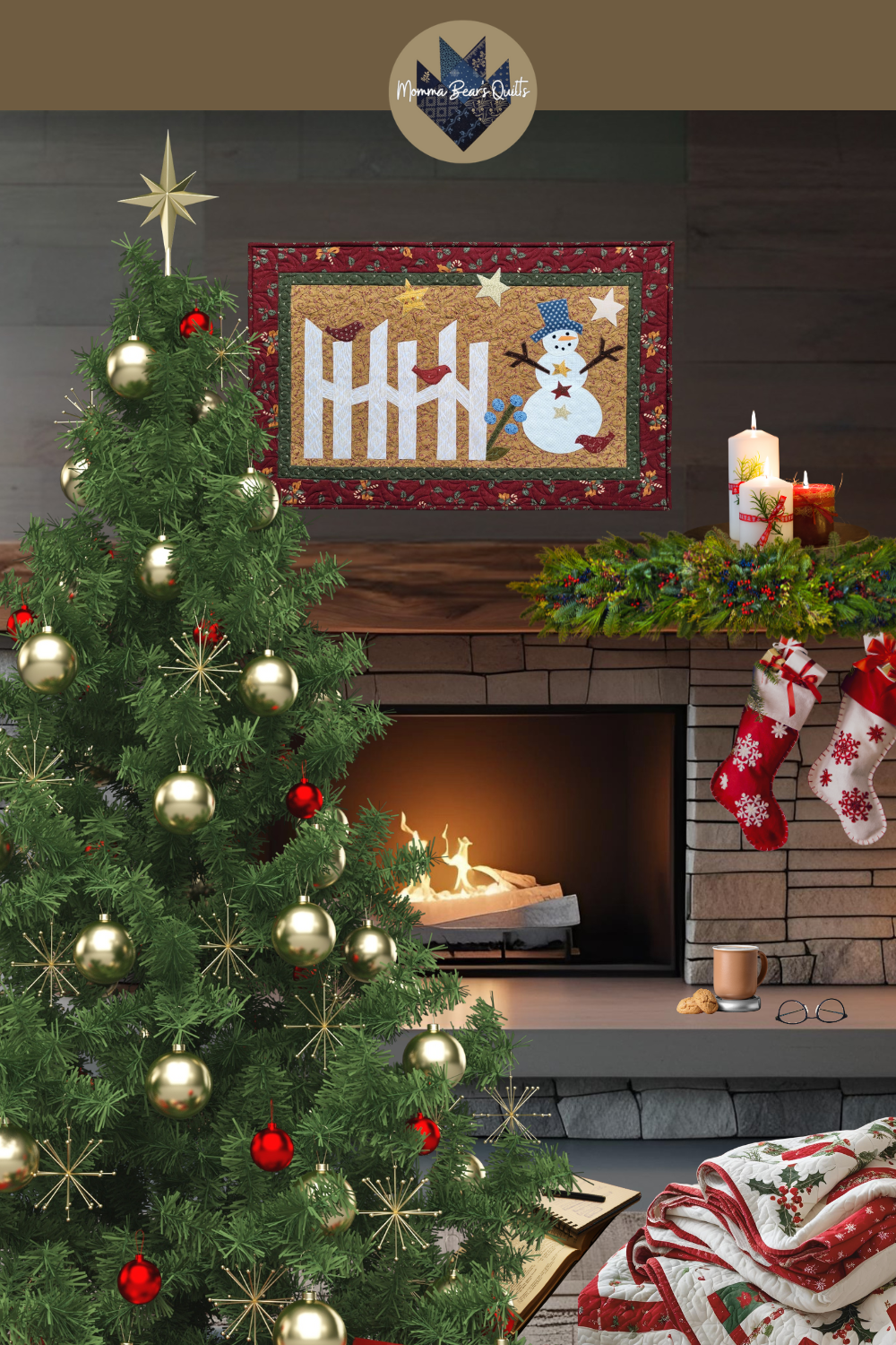 Showing wall quilt above fireplace mantle in living room scene.