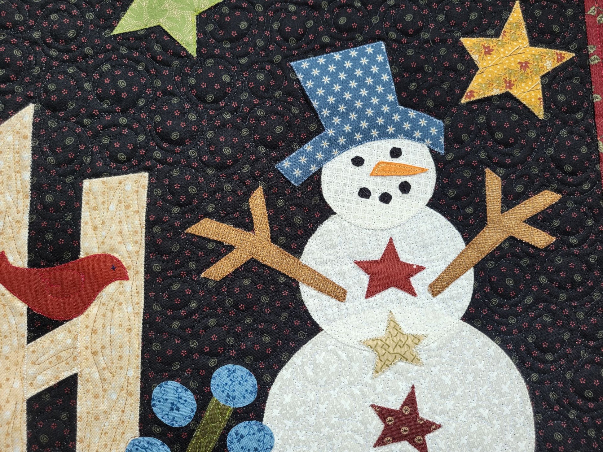 Close up detail of appliqué snowman.