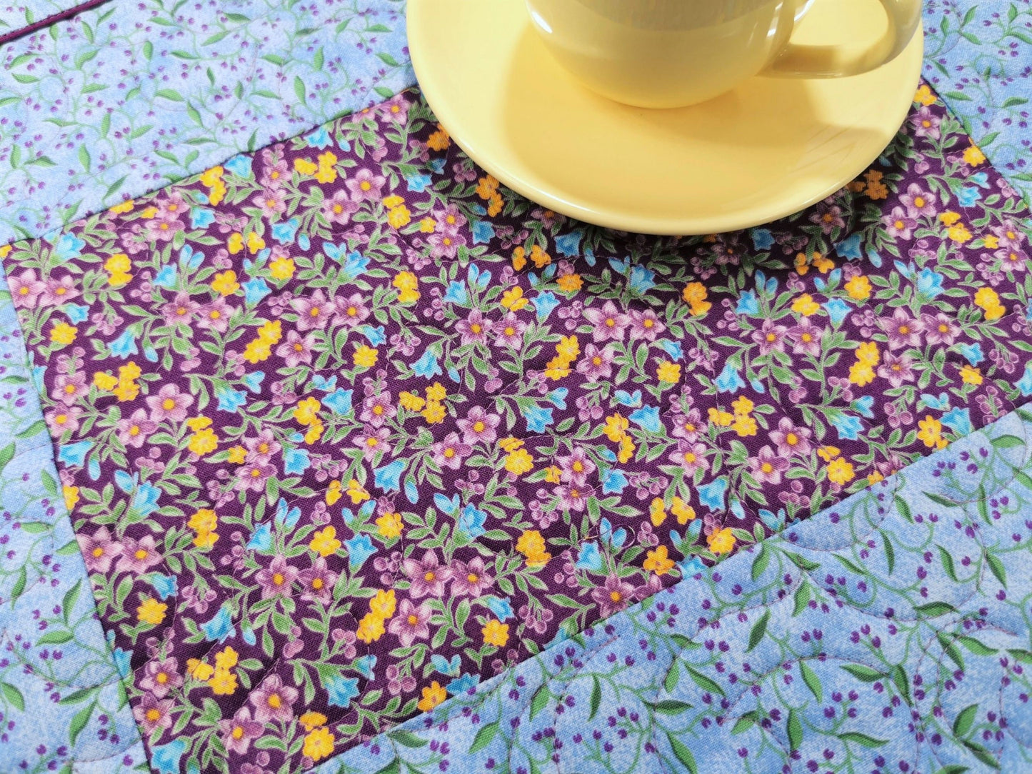 blue and purple floral table mat