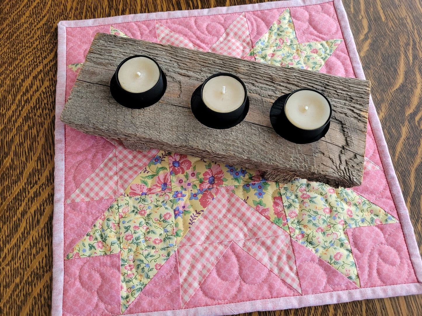 Handmade Mothers Day Gift Set, Mini Quilt, Candles, Pottery Holder