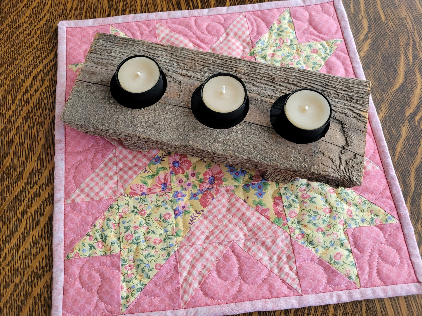 Handmade Mothers Day Gift Set, Mini Quilt, Candles, Pottery Holder
