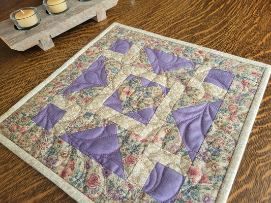 Handmade Mothers Day Gift Set, Mini Quilt, Tea Light Candles & Wooden Holder