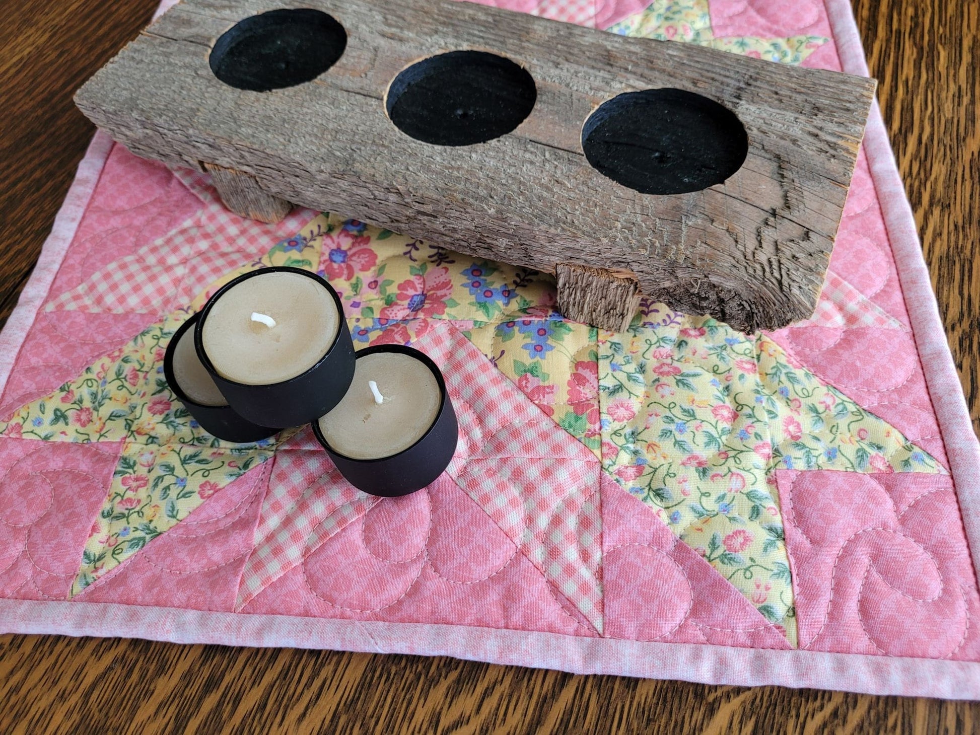 Handmade Mothers Day Gift Set, Mini Quilt, Tea Light Candles & Wooden Holder