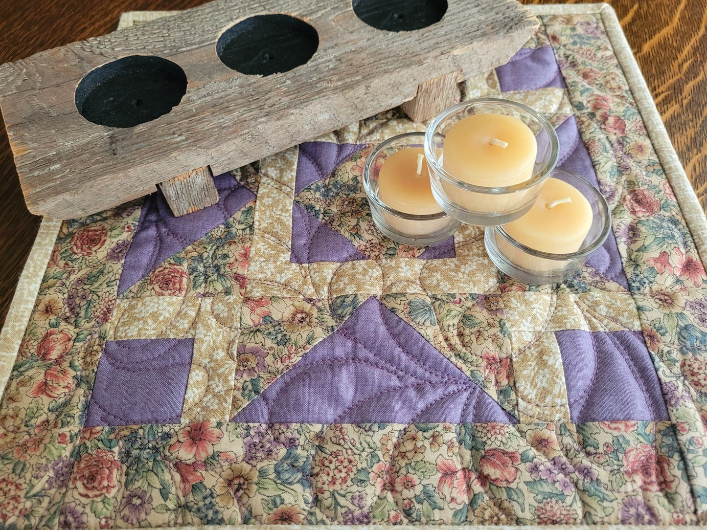 Handmade Mothers Day Gift Set, Mini Quilt, Tea Light Candles & Wooden Holder
