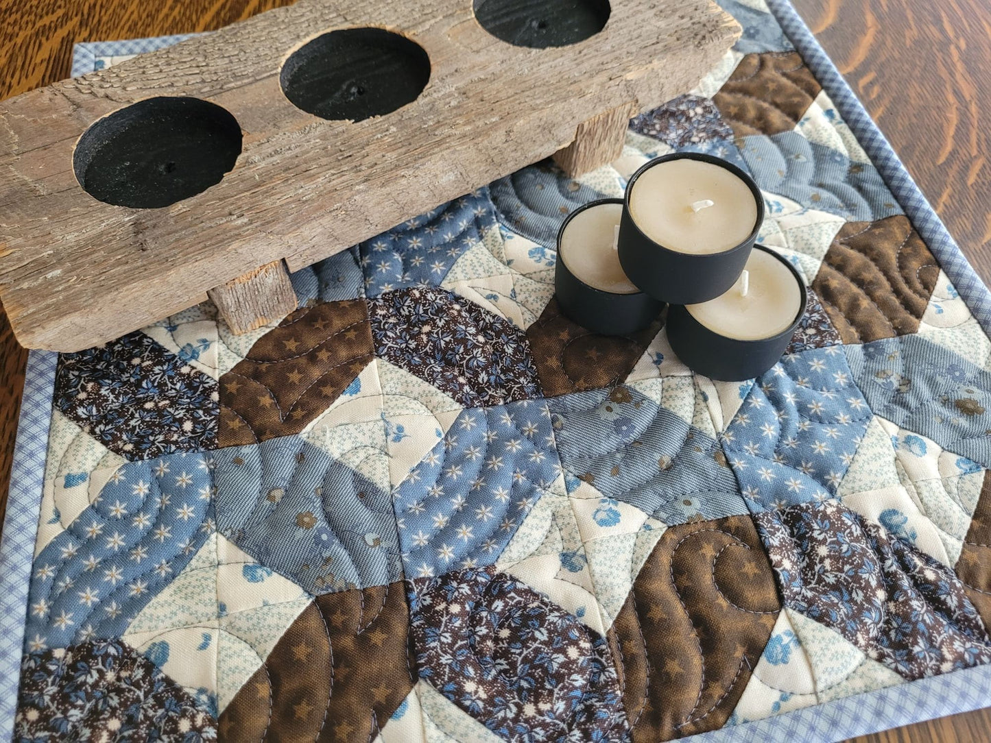 Handmade Mothers Day Gift Set, Mini Quilt, Tea Light Candles & Wooden Holder