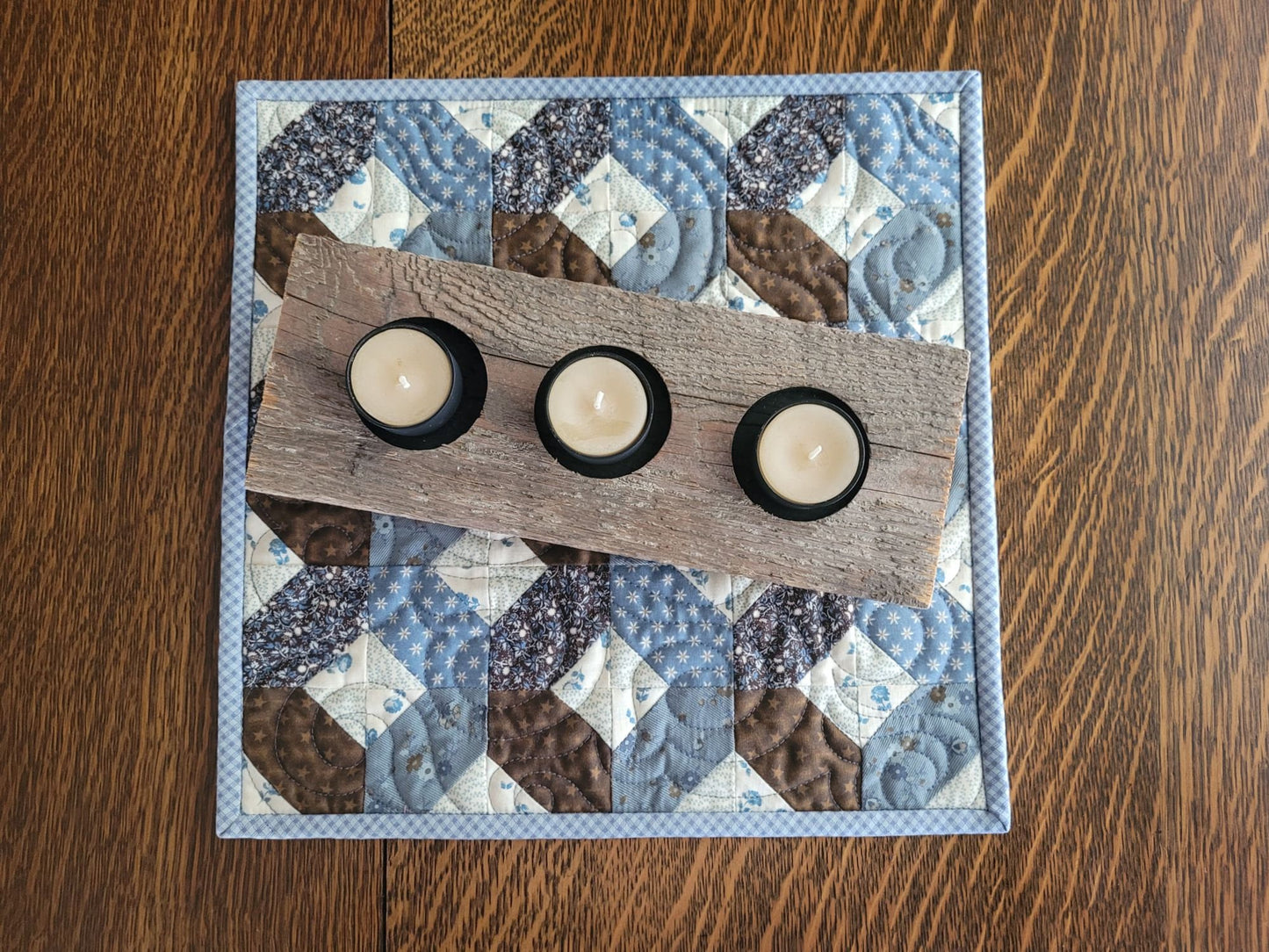 Handmade Mothers Day Gift Set, Mini Quilt, Tea Light Candles & Wooden Holder