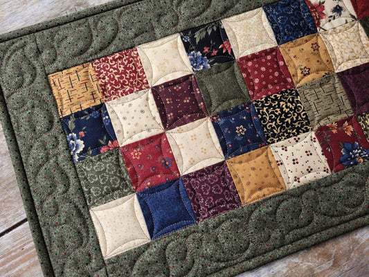 table runner in simple patchwork squares in rustic country colors