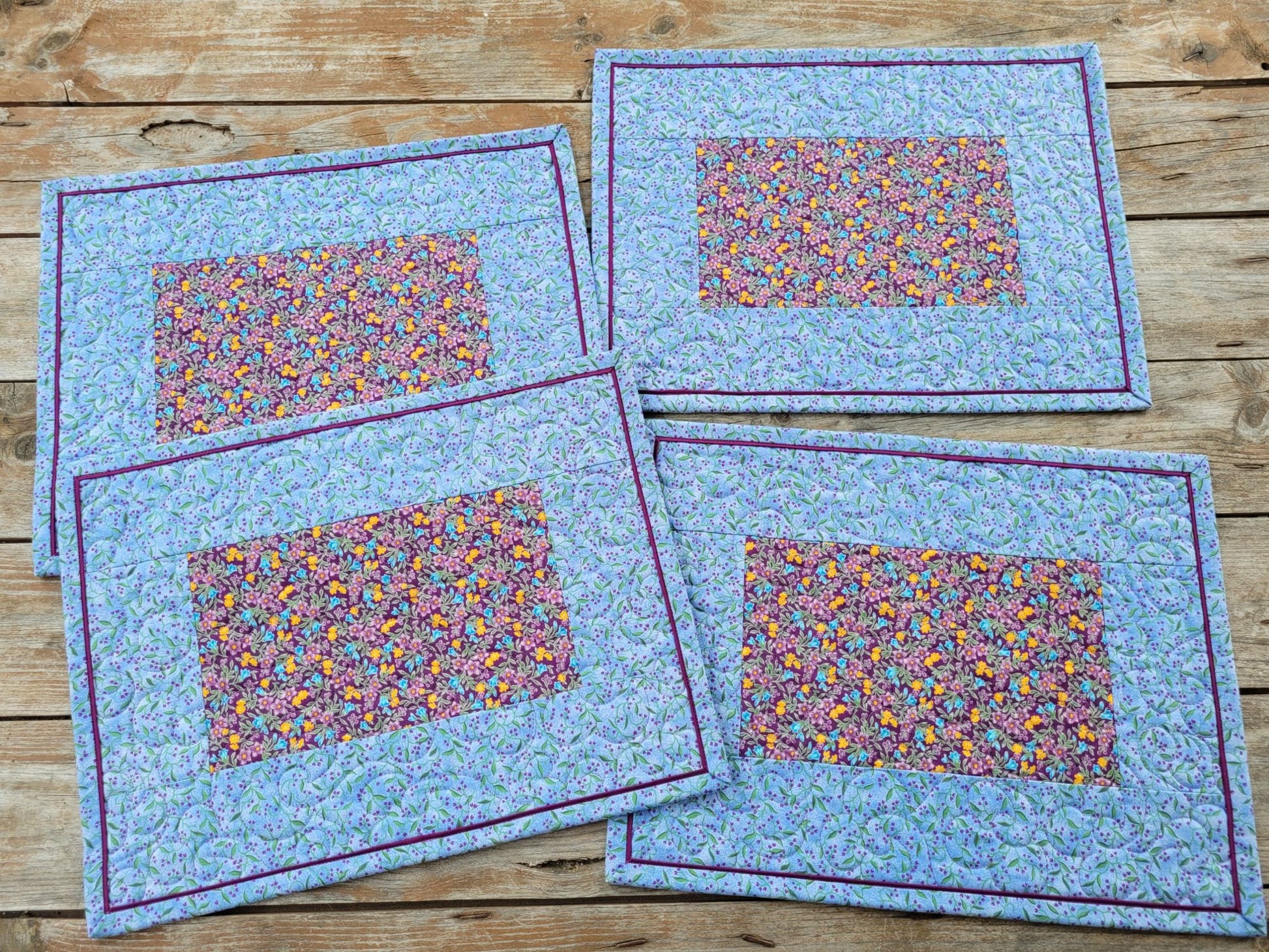 Quilted Summer Placemats, Four Blue Floral Table Mats