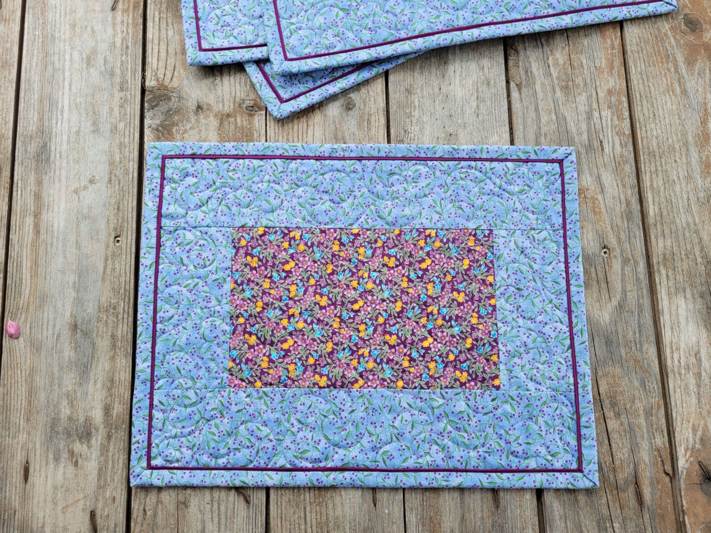 Quilted Summer Placemats, Four Blue Floral Table Mats