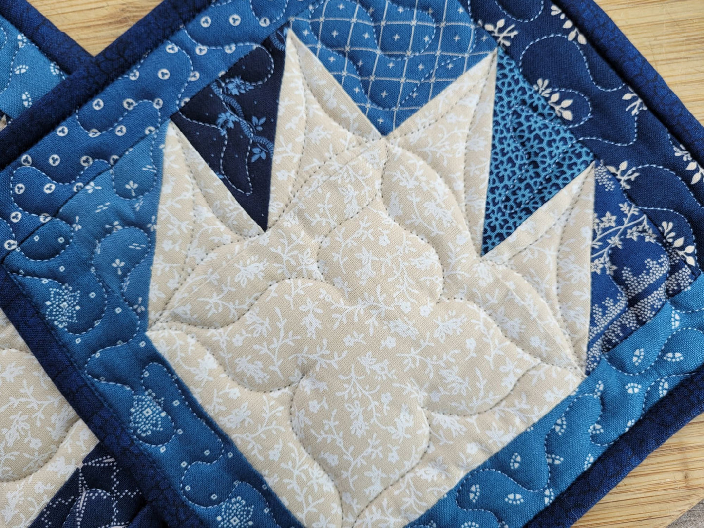 quilted potholder in blue bear paw design