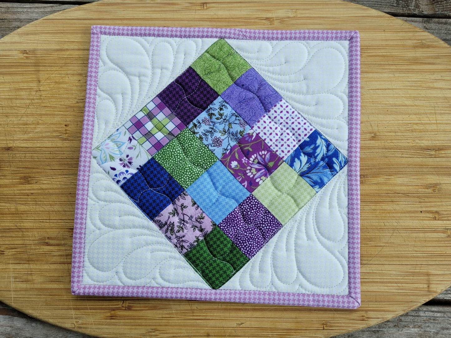 purple floral patchwork potholder