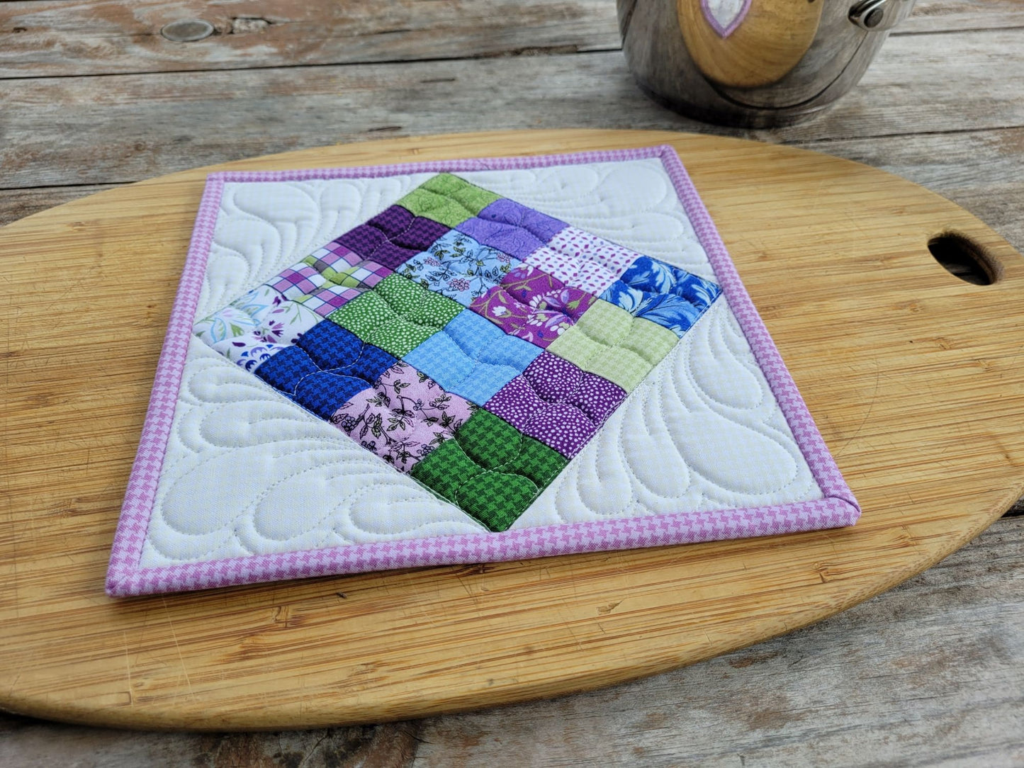 purple floral patchwork potholder