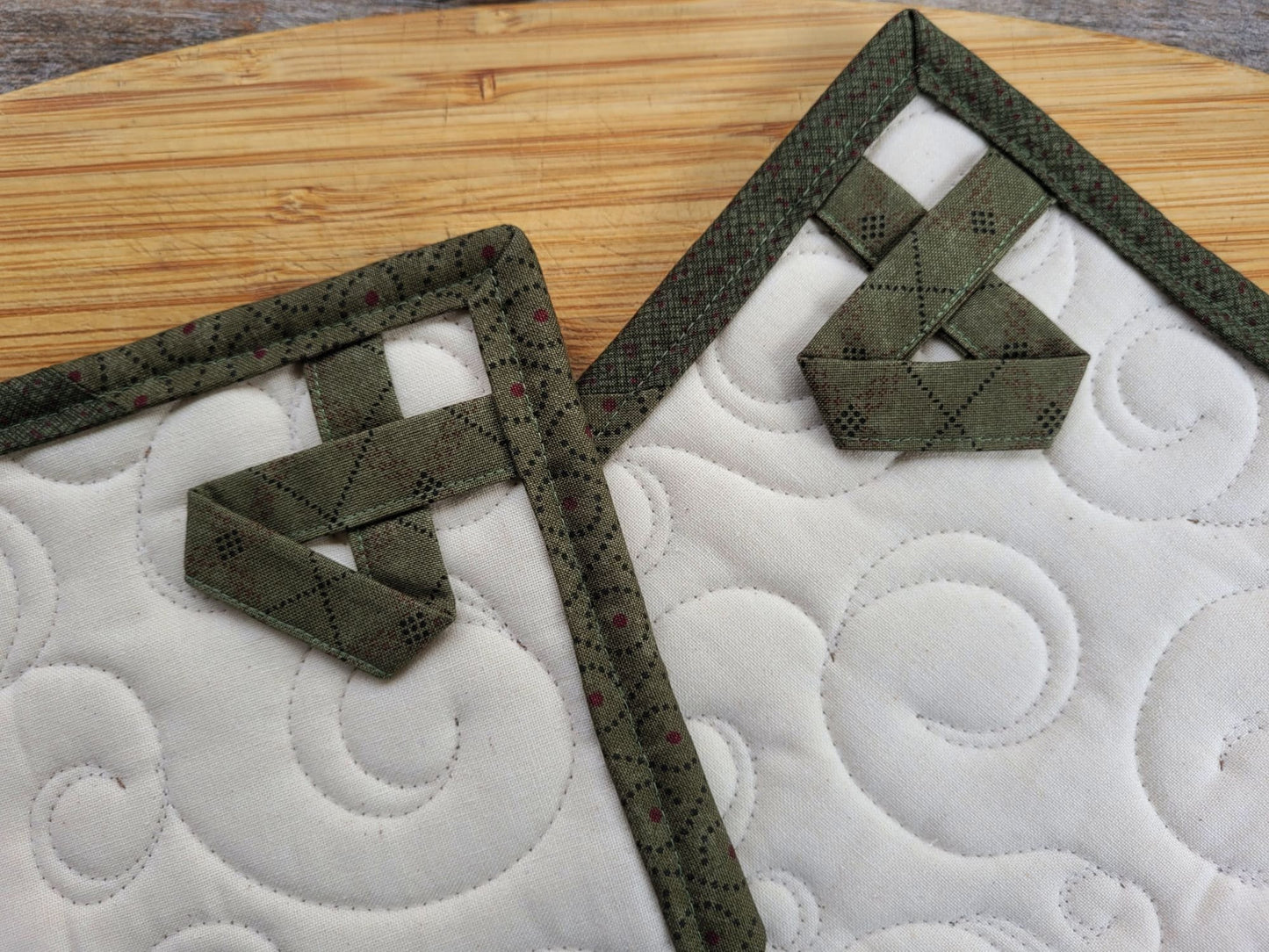 back of quilted hot mats with hanging loops