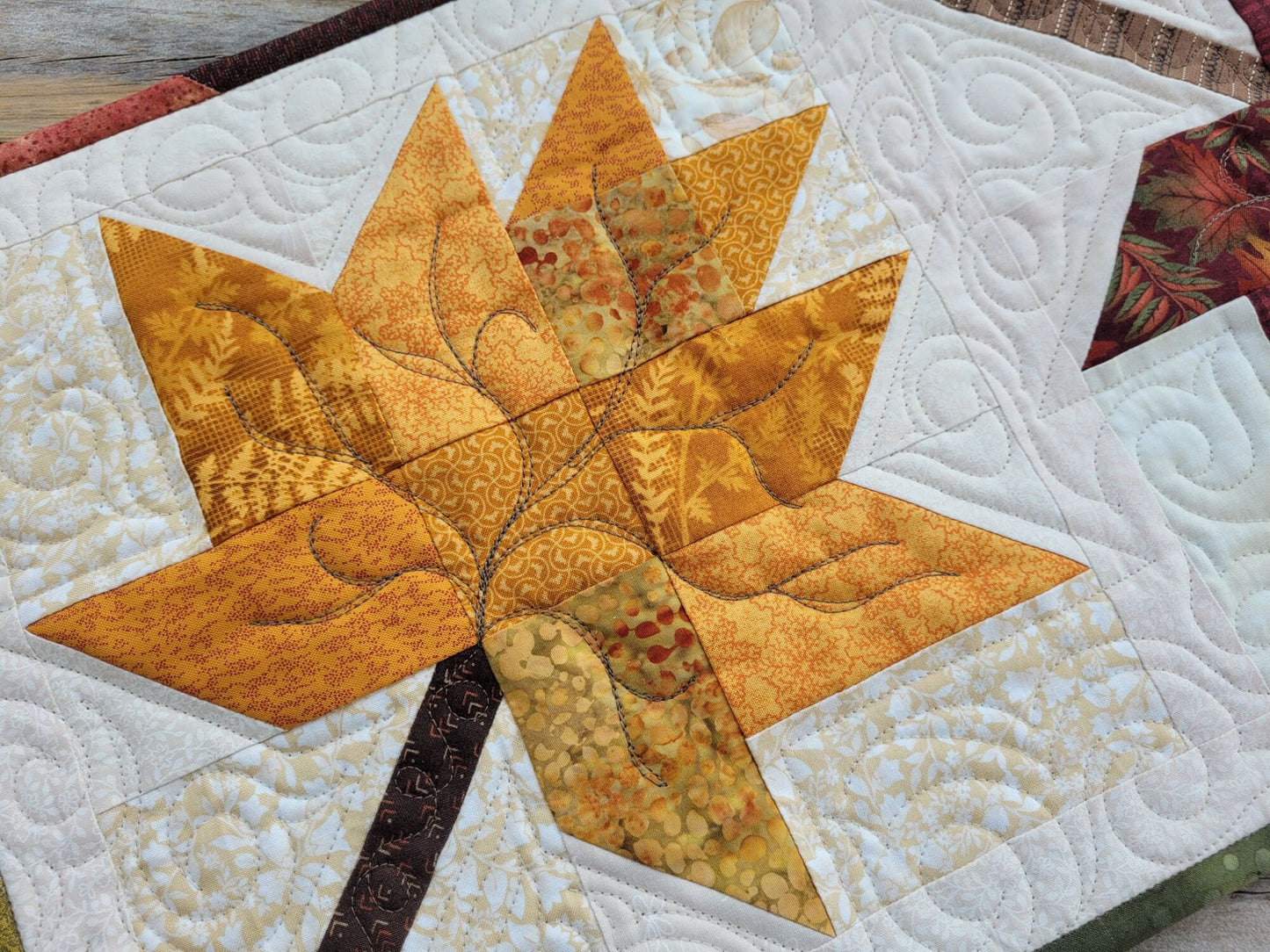 quilted table runner with fall leaves
