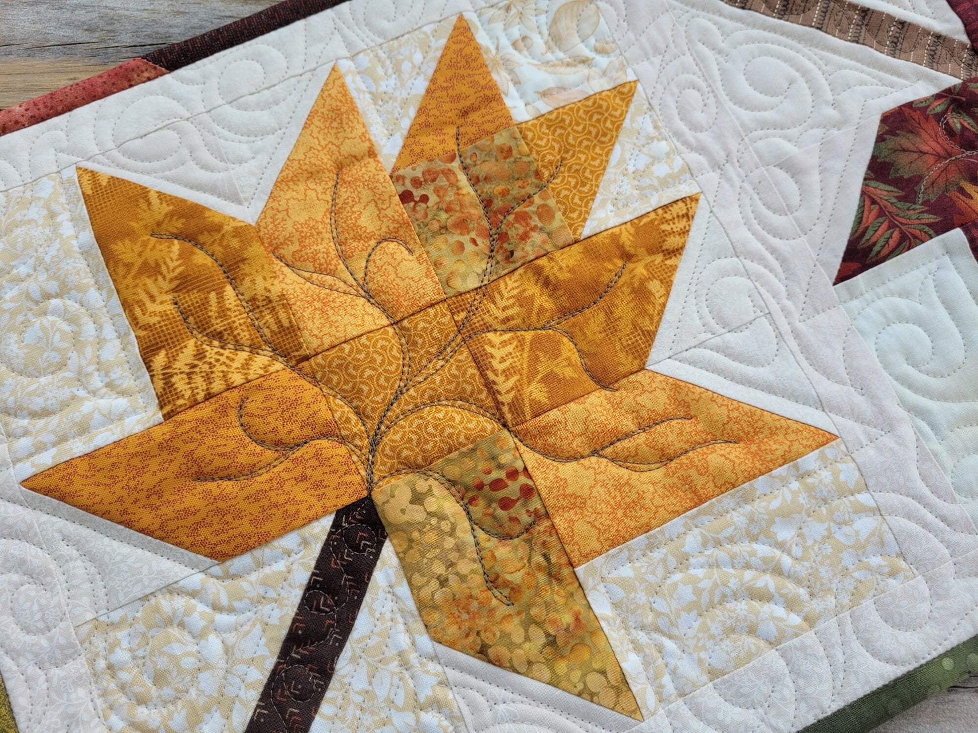 quilted table runner with fall leaves