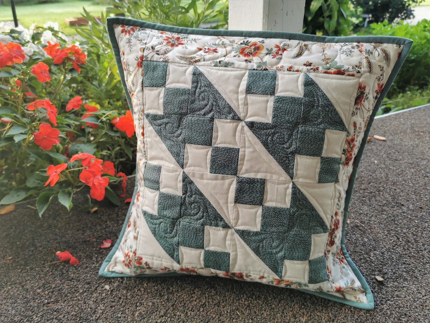 Quilted Throw Pillow, Teal Patchwork Cushion, 16 inch square
