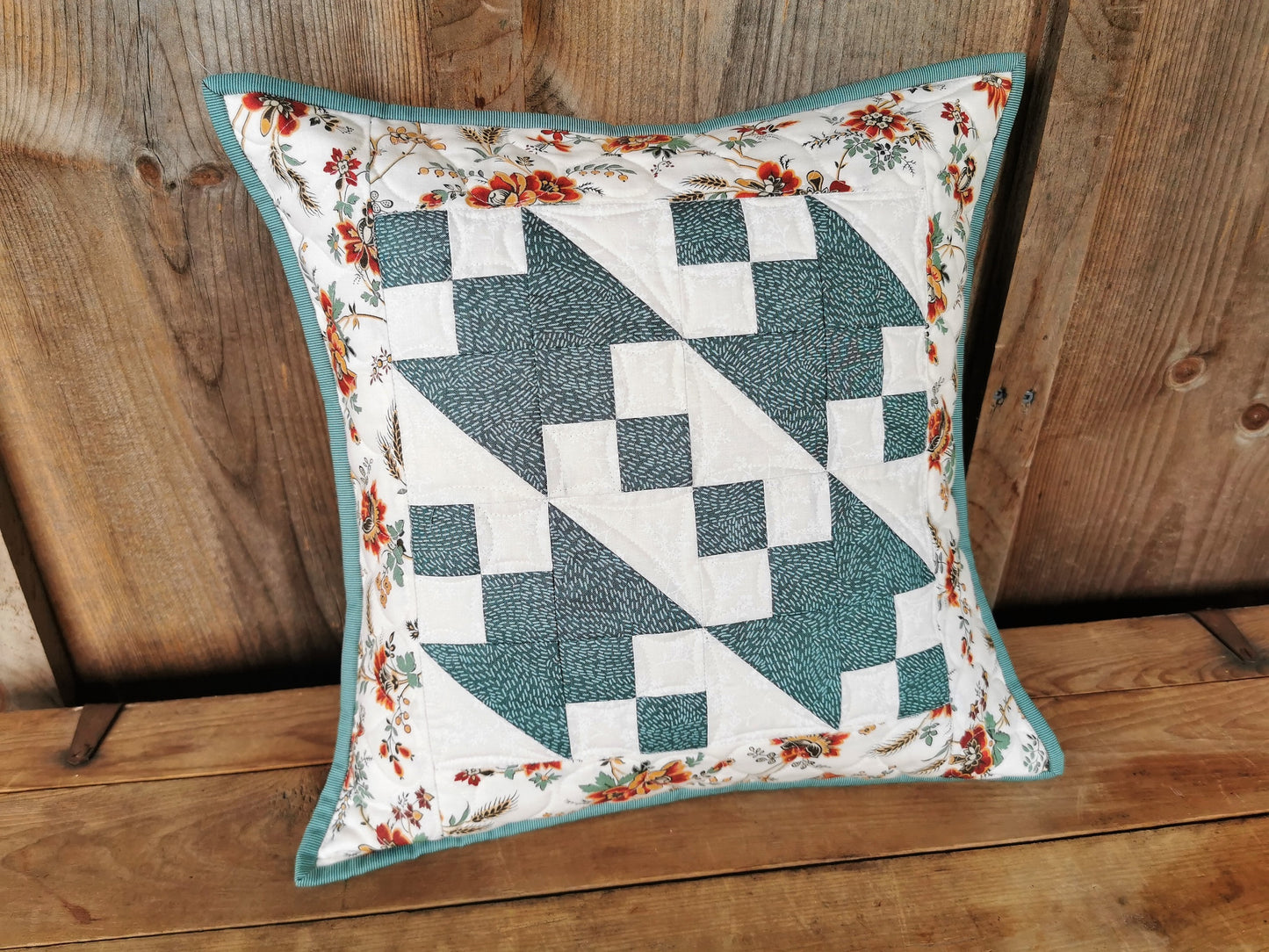 Teal Pillow with Floral Border, 14 inch square