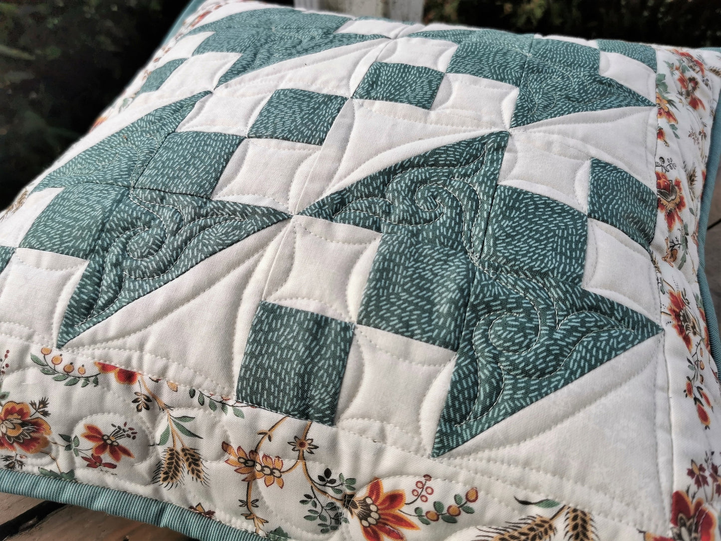 Quilted Throw Pillow, Teal Patchwork Cushion, 16 inch square