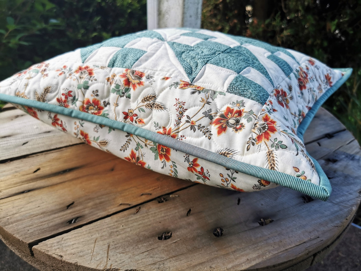 Quilted Throw Pillow, Teal Patchwork Cushion, 16 inch square