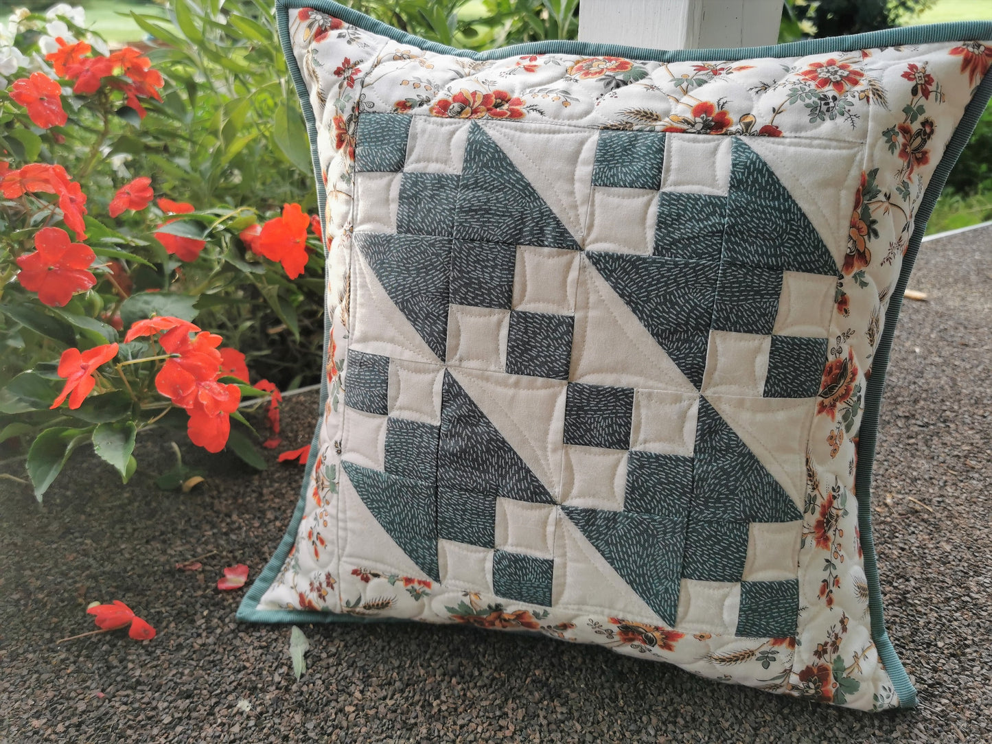 Teal Pillow with Floral Border, 14 inch square