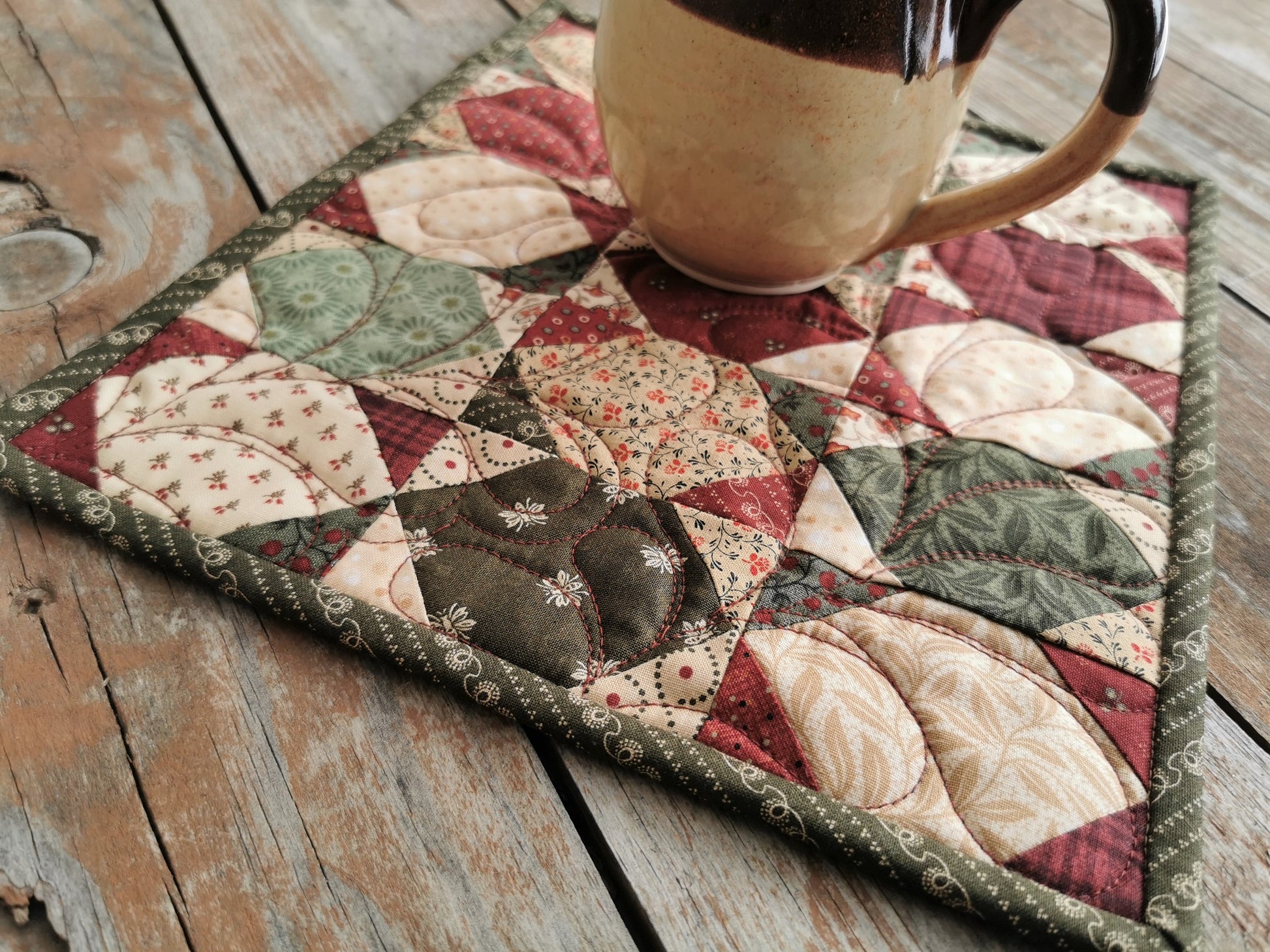 lifestyle shot of mini quilt with mug