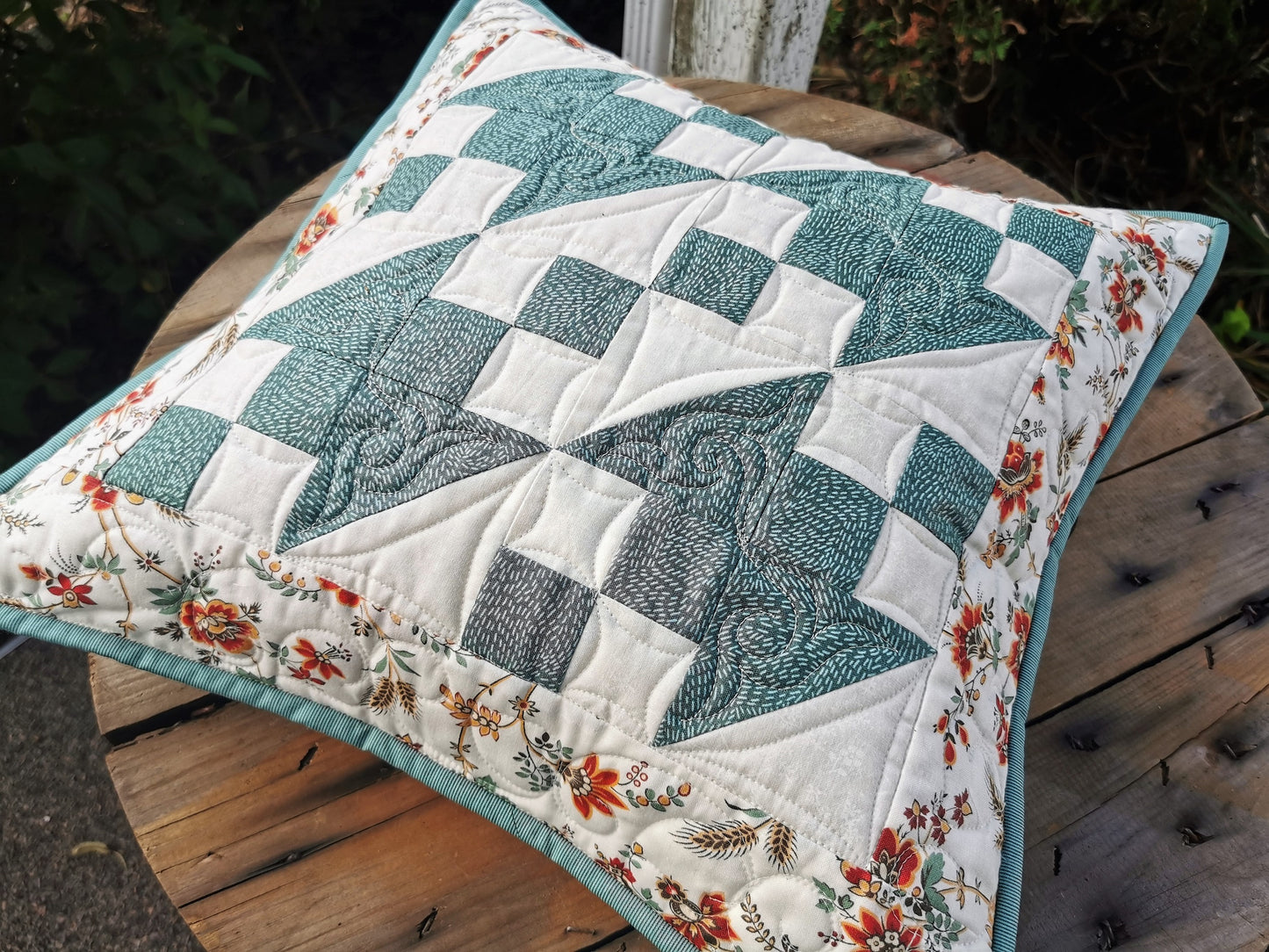 Quilted Throw Pillow, Teal Patchwork Cushion, 16 inch square