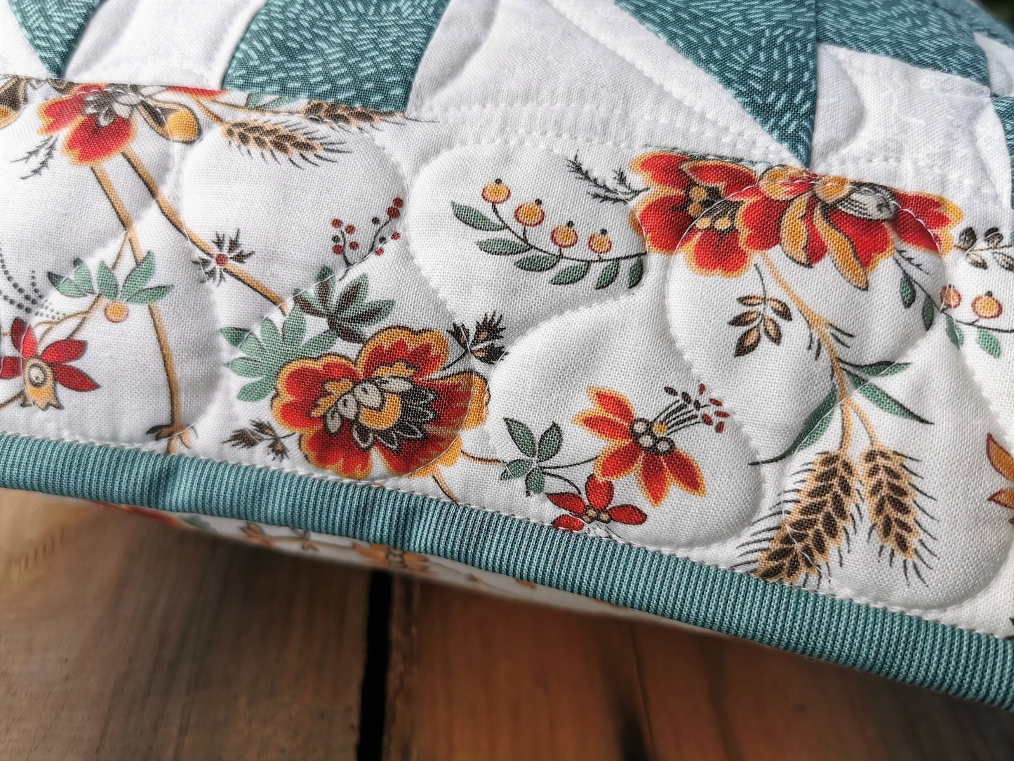 Teal Pillow with Floral Border, 14 inch square