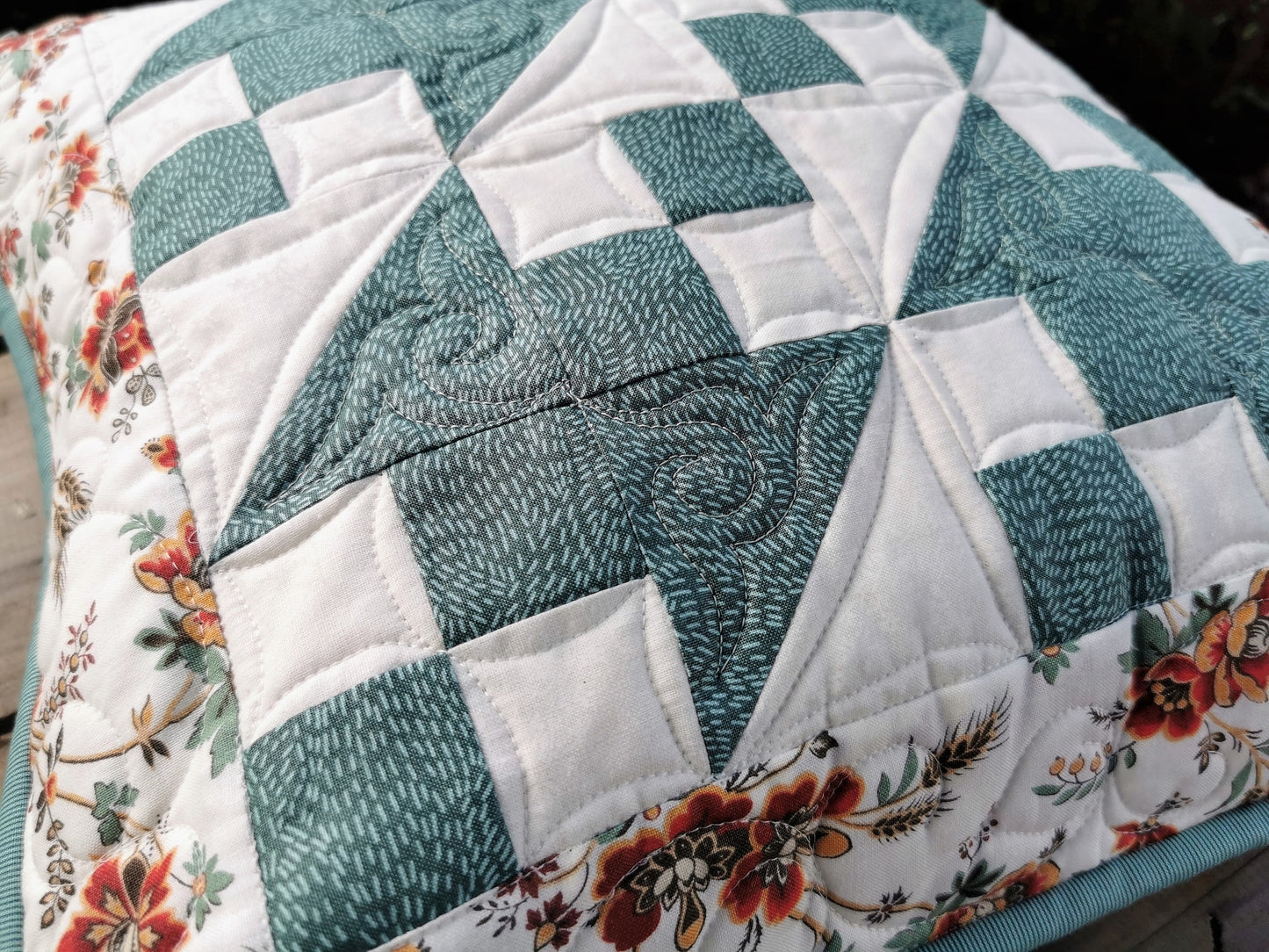 Quilted Throw Pillow, Teal Patchwork Cushion, 16 inch square