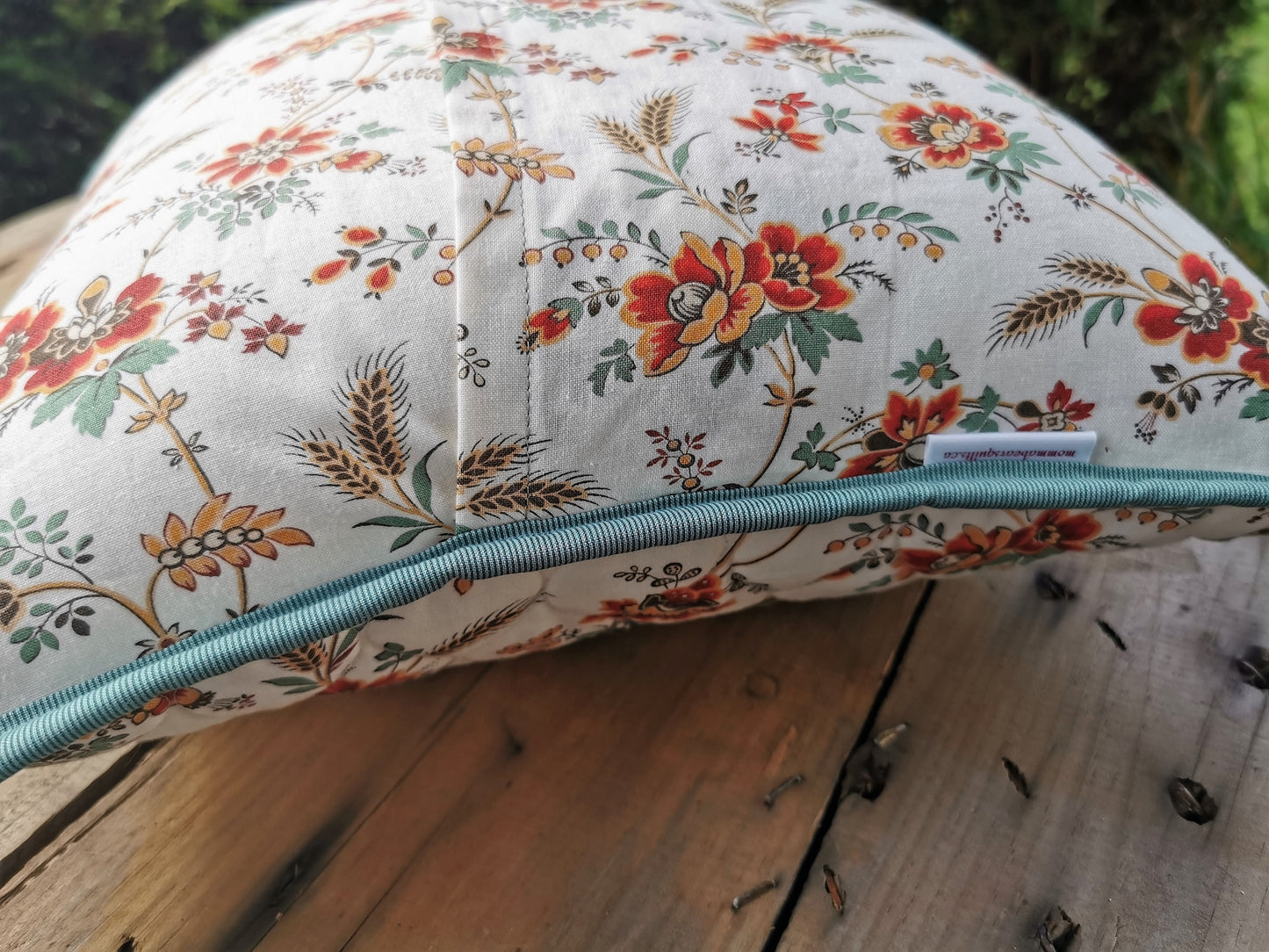 Teal Pillow with Floral Border, 14 inch square