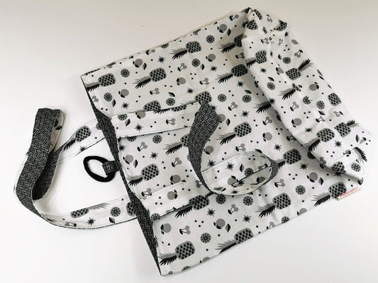 basic tote bag, large reusable cotton shopping bag, compact for purse, sturdy with two layers of fabric, black and white pineapple fabric