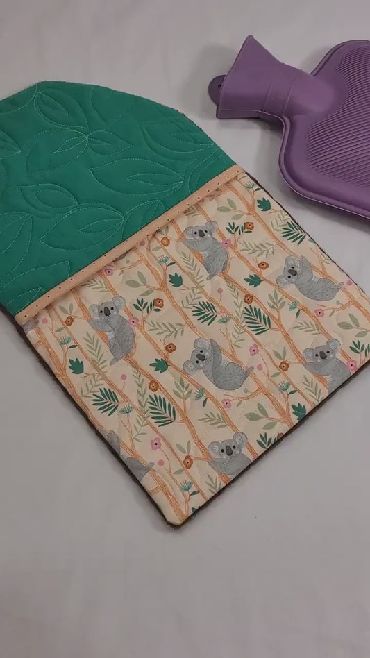 Quilted Hot Water Bottle Cover with Koala Bears, Soft Therapy Bottle Cover, Self Care Gift