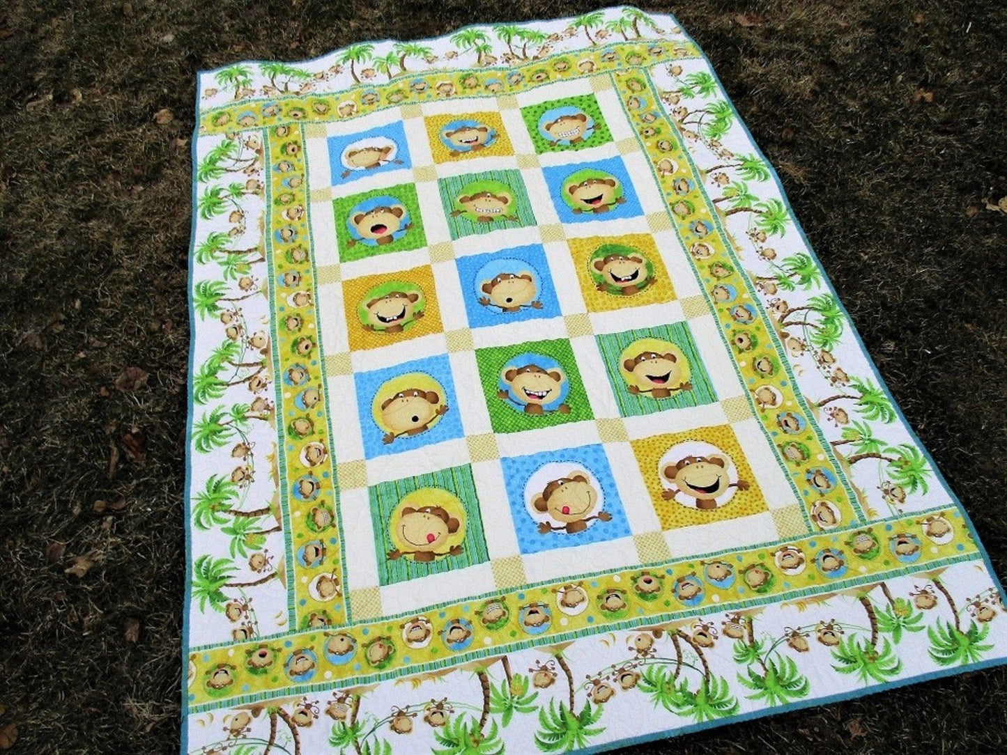 Monkey Baby Quilt, Quilted Baby Blanket, Play Mat, Toddler Bedding