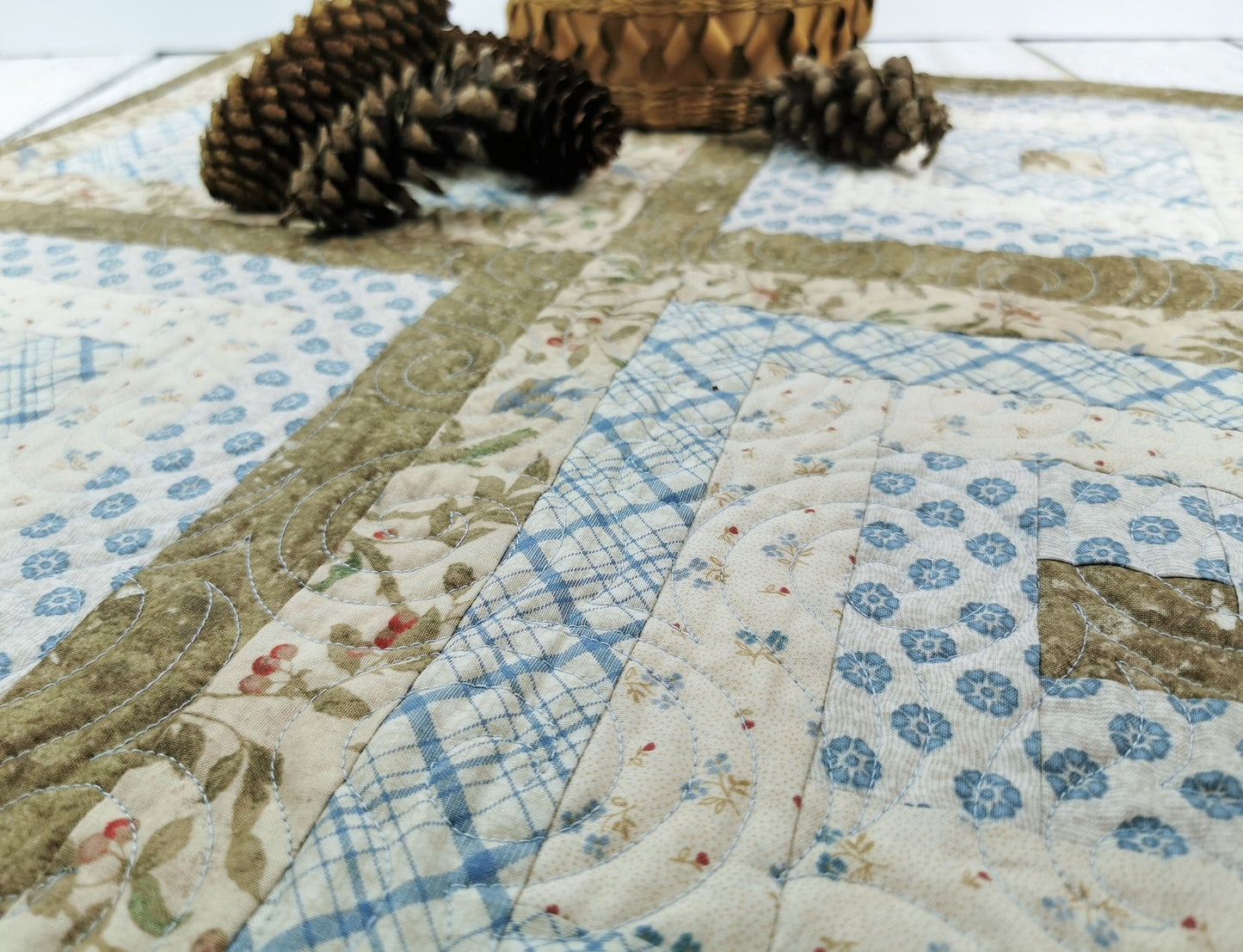 Neutral Blue and Beige Table Quilt, Quilted Square Table Runner