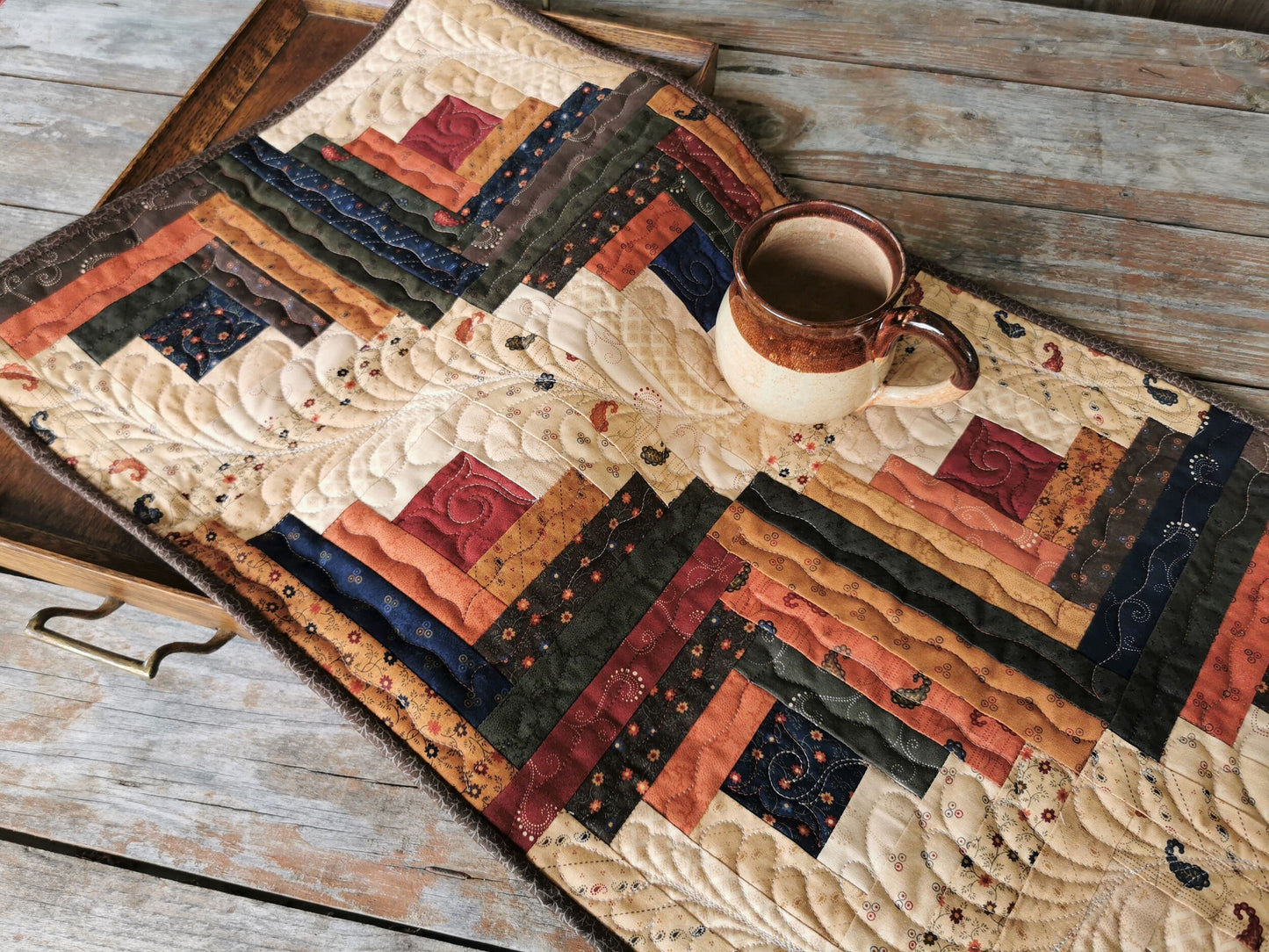 Rustic Fall Table Runner, Quilted Patchwork Log Cabin Table Topper, Scrap Quilt, Farmhouse Decor