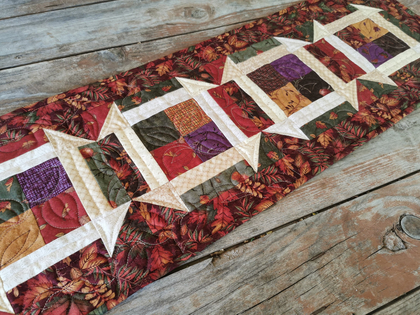 Rustic Fall Leaf Quilted Table Runner, Patchwork Churn & Dash Scrap Quilt, Farmhouse Decor