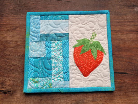 Strawberry Mug Rug Mini Quilt | Quilted Desk Coaster | Mouse Pad