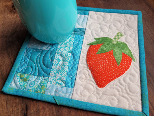 Strawberry Mug Rug Mini Quilt | Quilted Desk Coaster | Mouse Pad