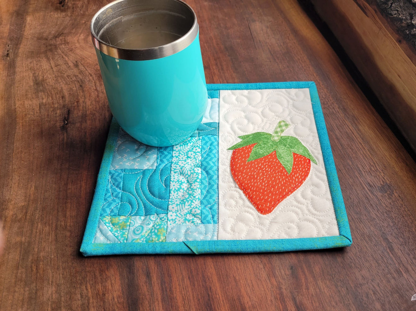 Strawberry Mug Rug Mini Quilt | Quilted Desk Coaster | Mouse Pad