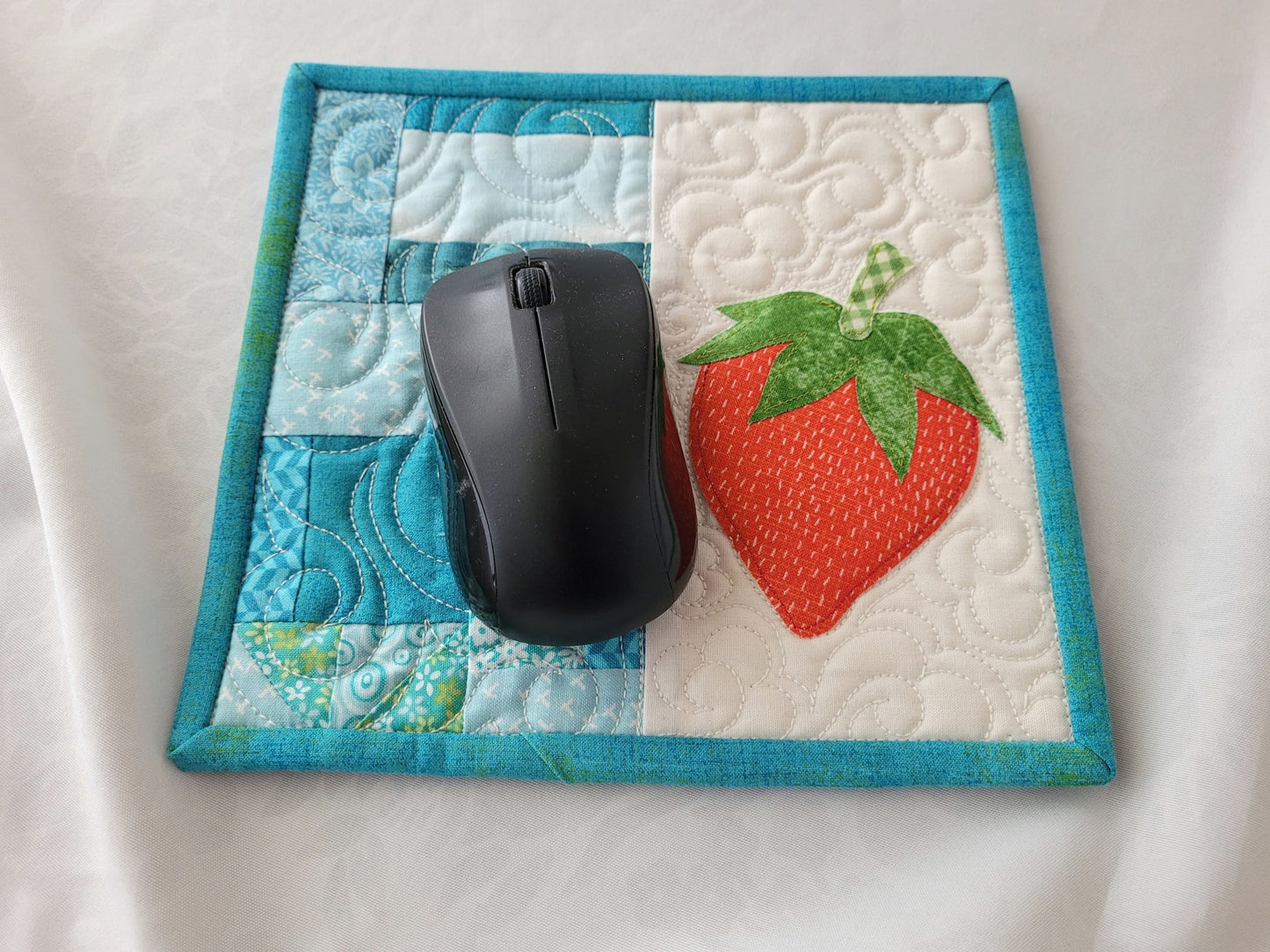 Strawberry Mug Rug Mini Quilt | Quilted Desk Coaster | Mouse Pad