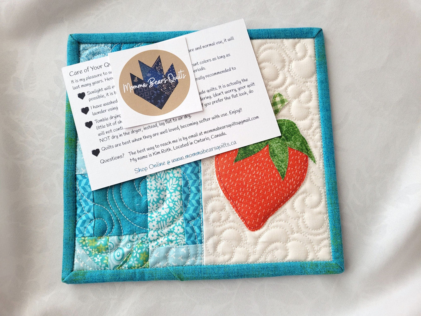 Strawberry Mug Rug Mini Quilt | Quilted Desk Coaster | Mouse Pad
