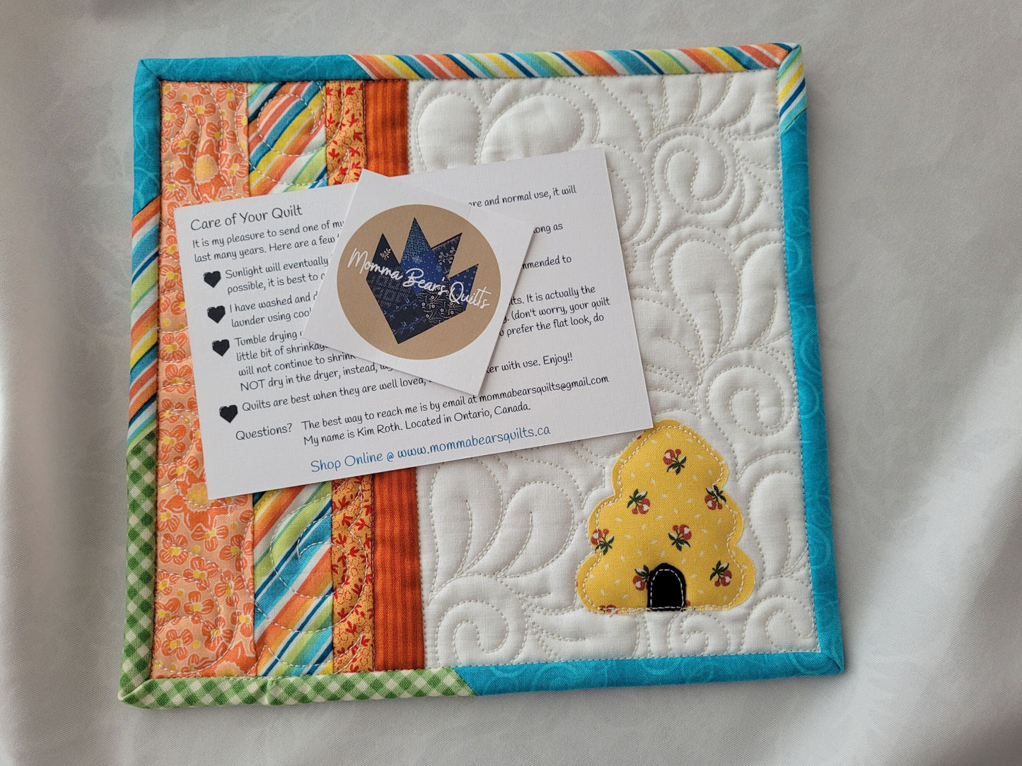 Bee Skep Mini Quilt | Quilted Coaster | Summer Teacher Gift | Bee Mug Rug
