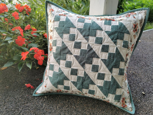 Teal Quilted Pillow | 18 inch square Floral Cushion
