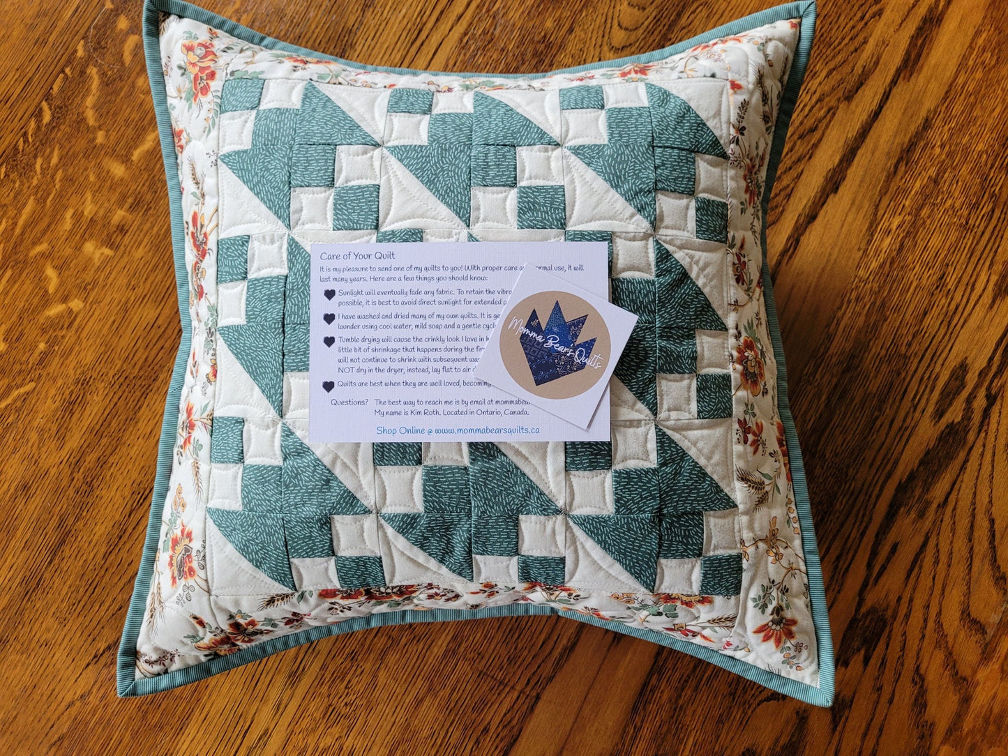 Teal Quilted Pillow | 18 inch square Floral Cushion