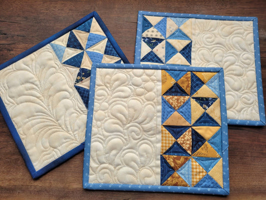 quilted mug rugs, three coordinating patchwork desk coasters can be purchased singly or as a set
