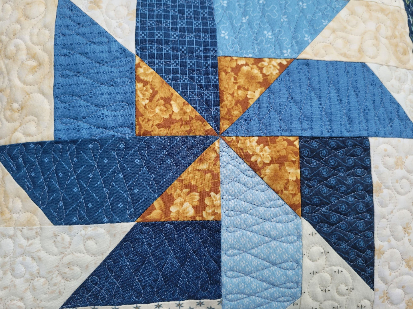 Blue Patchwork Pillow | Scrappy Pinwheel Quilted Sofa Throw Cushion