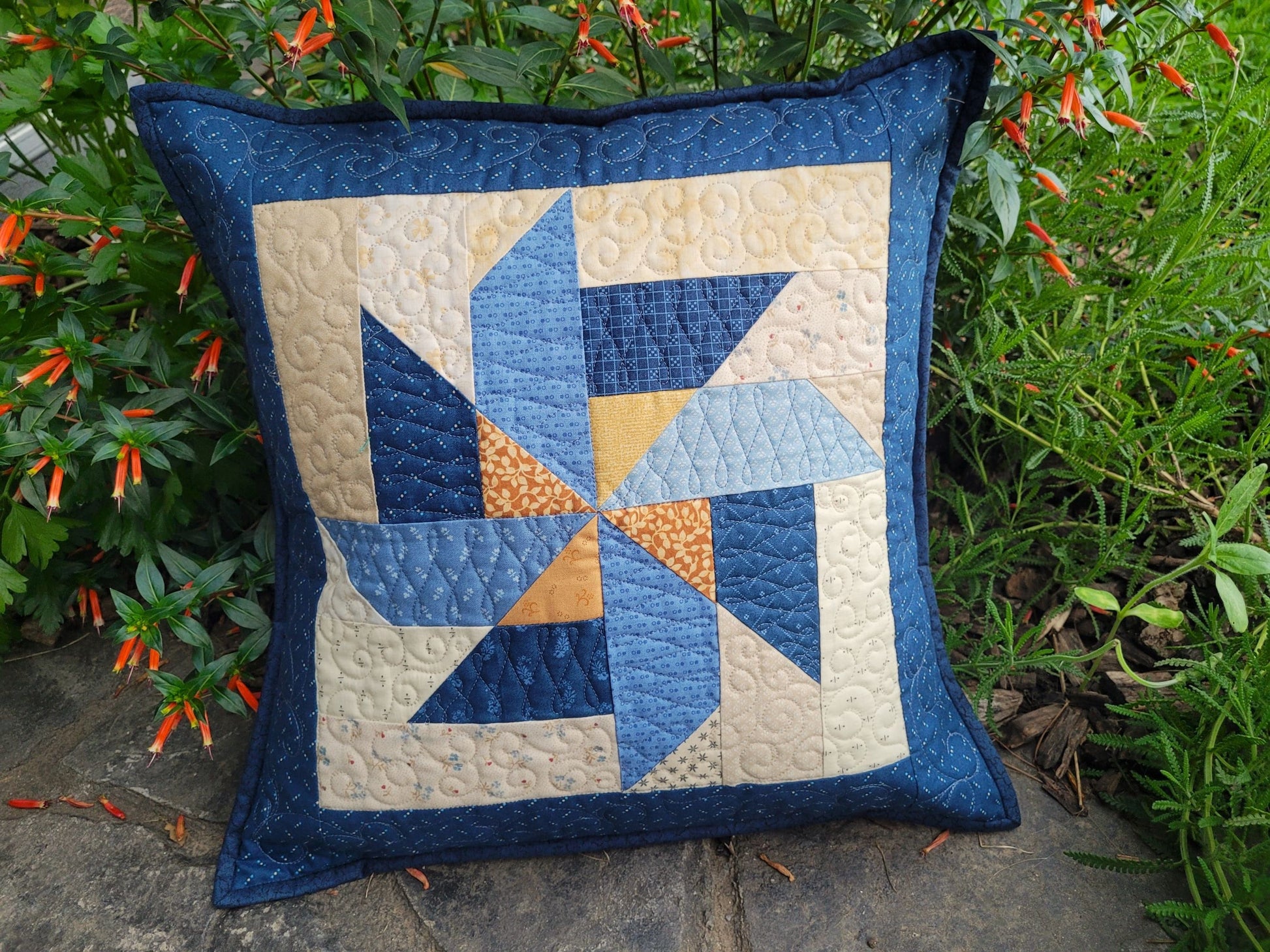 Blue Patchwork Pillow Quilt | Scrappy Pinwheel Sofa Throw Cushion