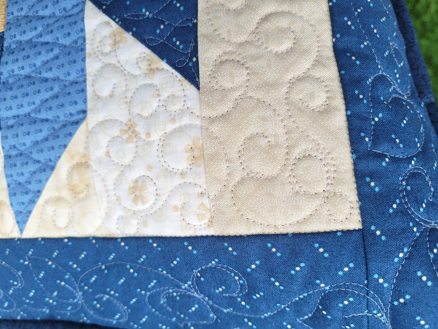 Blue Patchwork Pillow Quilt | Scrappy Pinwheel Sofa Throw Cushion