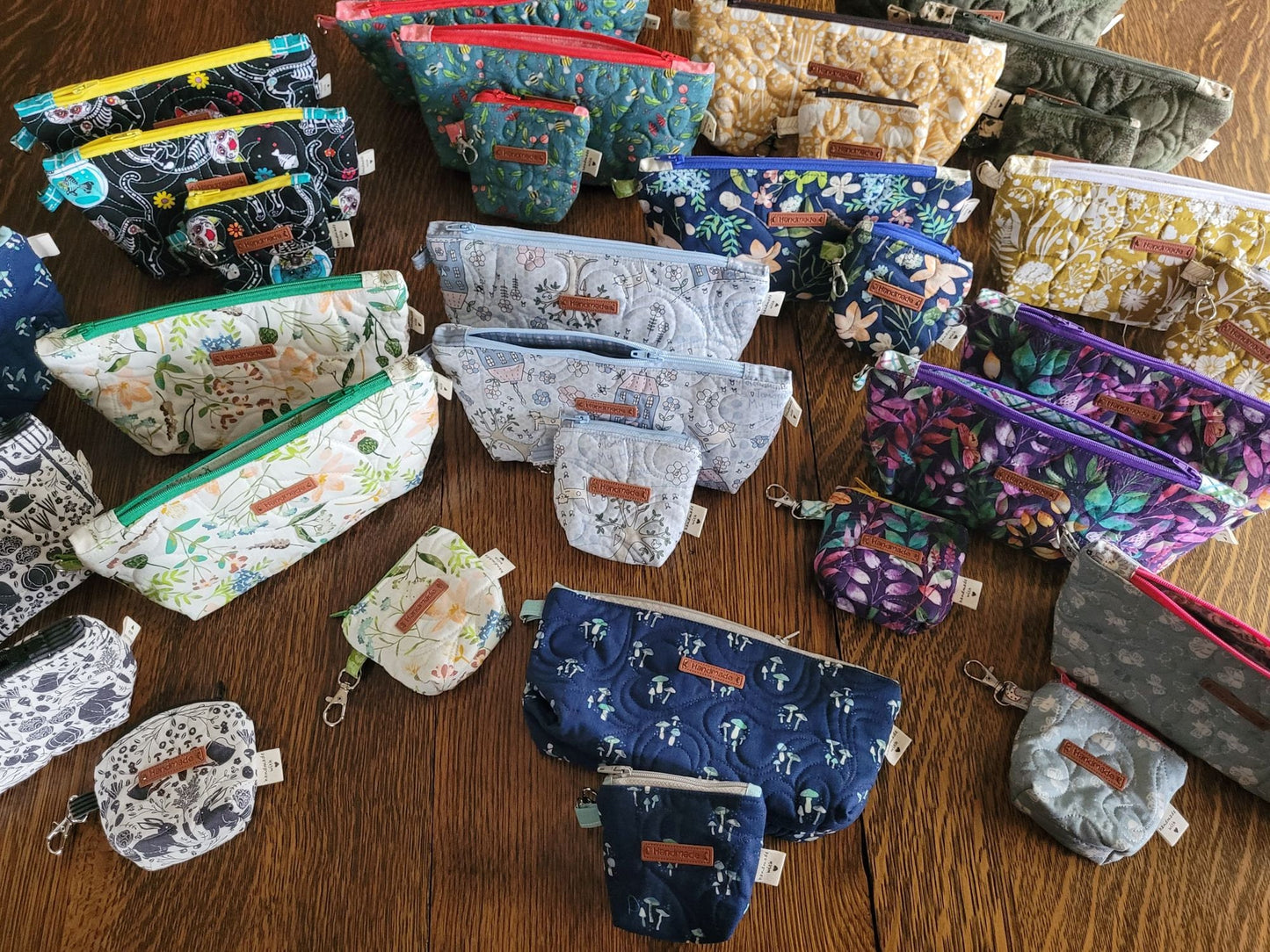 Small Zipper Pouch Set | Quilted Makeup Cosmetic Bag | Travel Toiletry Bag | Mustard Yellow Floral Stash Bag | Fabric Pencil Case