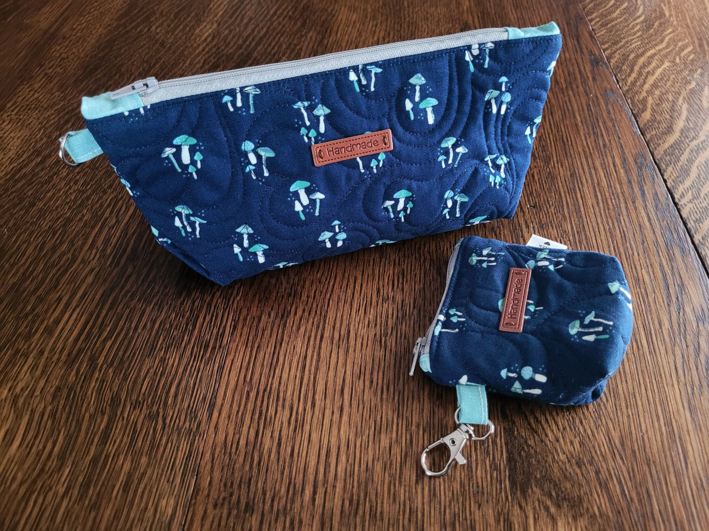 Quilted Cosmetic Bag Set | Cute Travel Toiletry Bag | Small Zipper Pouch | Navy Mushroom Stash Bag
